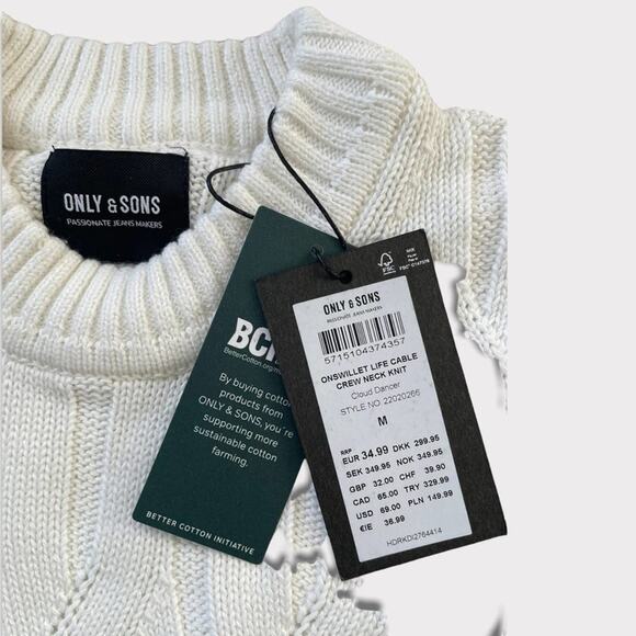 Only & Sons Mens Crewneck Cable Knit Sweater Cloud Dancer Size M NWT - Picture 5 of 9